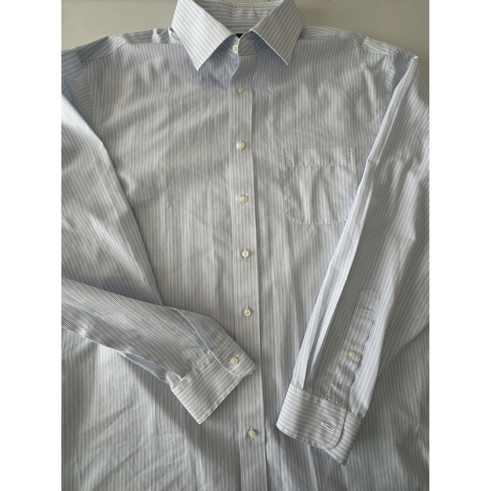 Jos. A. Bank Traveler Dress Shirt Mens 17.5 36 Tailored Fit Blue White Striped